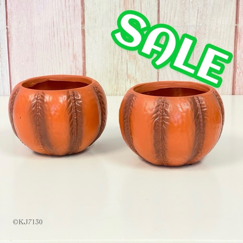 Set of 2 Ceramic Pumpkin Shaped Planter Vase Candy Dish Halloween Fall Autumn